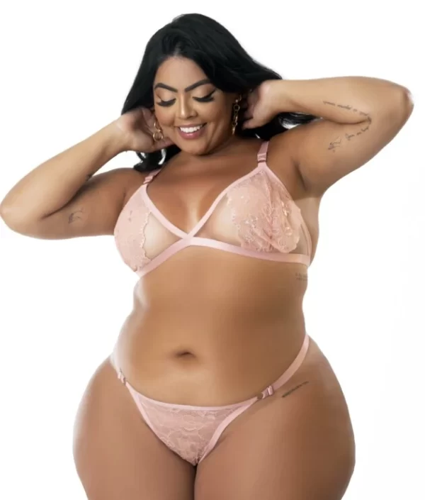 CONJUNTO DE RENDA PLUS SIZE EM TULE ROSA TAM 50