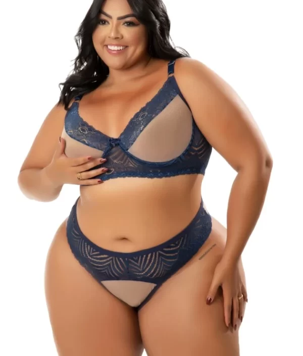 CONJUNTO PLUS SIZE FEMININO COM TULE AZUL MARINHO TAM 52