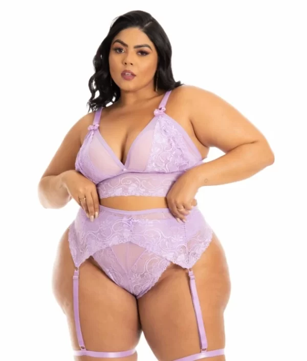 CONJUNTO PLUS SIZE COM CINTA LIGA ROXO TAMANHO 48